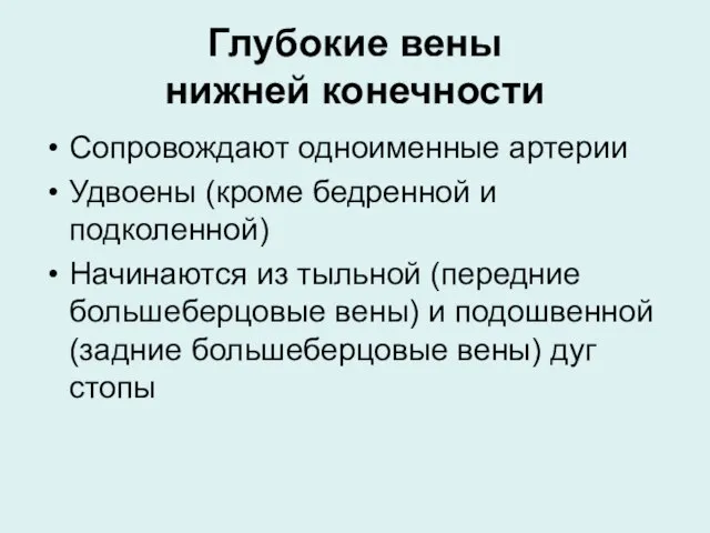 Глубокие вены нижней конечности Сопровождают одноименные артерии Удвоены (кроме бедренной и