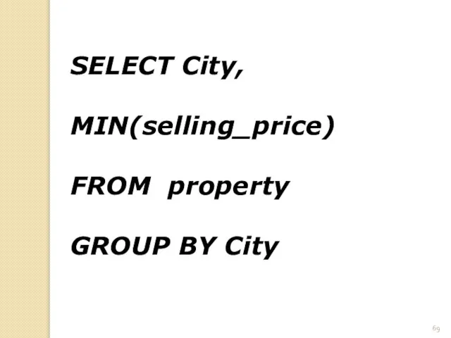 SELECT City, MIN(selling_price) FROM property GROUP BY City