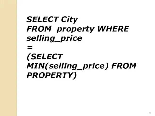 SELECT City FROM property WHERE selling_price = (SELECT MIN(selling_price) FROM PROPERTY)