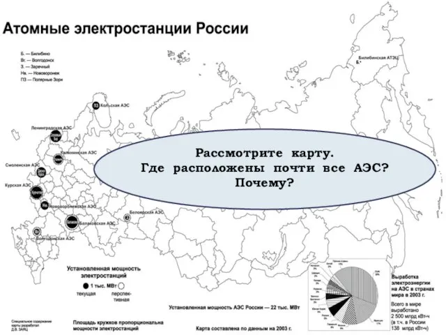 Рассмотрите карту. Где расположены почти все АЭС? Почему?