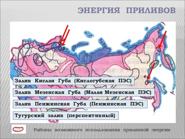 ЭНЕРГИЯ ПРИЛИВОВ Залив Кислая Губа (Кислогубская ПЭС) Залив Мезенская Губа (Малая