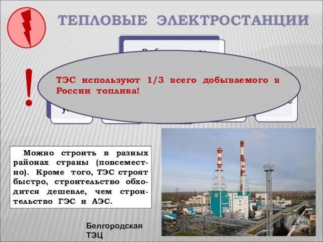 ТЕПЛОВЫЕ ЭЛЕКТРОСТАНЦИИ Белгородская ТЭЦ Какие преимущества при строительстве имеют ТЭС? Можно