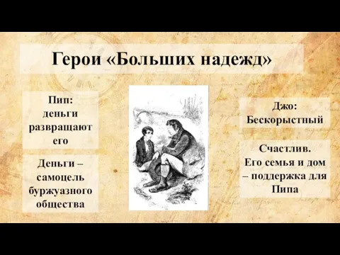 Герои «Больших надежд» Пип: деньги развращают его Джо: Бескорыстный Деньги –