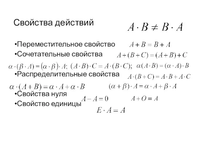 Свойства действий Переместительное свойство Сочетательные свойства Распределительные свойства Свойства нуля Свойство единицы