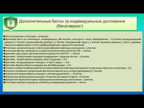 Дополнительные баллы за индивидуальные достижения (бакалавриат) Аттестат/диплом с отличием + 10