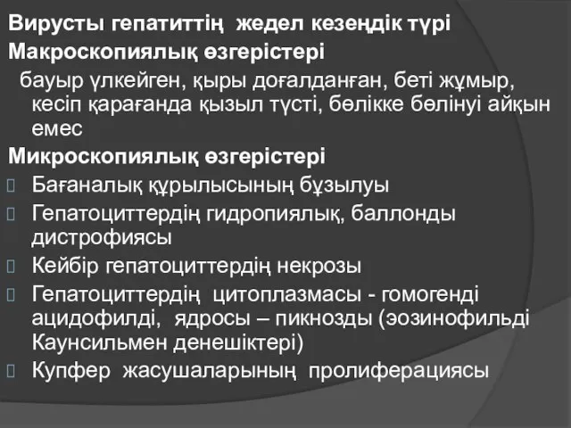 Вирусты гепатиттің жедел кезеңдік түрі Макроскопиялық өзгерістері бауыр үлкейген, қыры доғалданған,