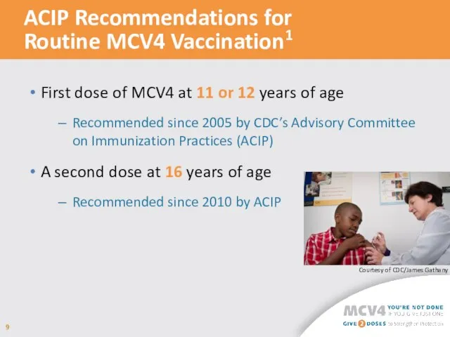 ACIP Recommendations for Routine MCV4 Vaccination1 First dose of MCV4 at