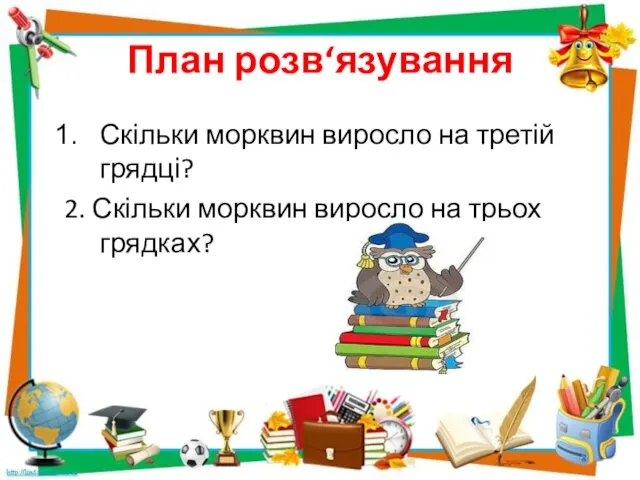 План розв‘язування Скільки морквин виросло на третій грядці? 2. Скільки морквин виросло на трьох грядках?