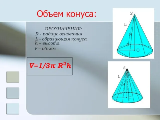 Объем конуса: ОБОЗНАЧЕНИЯ: R - радиус основания L - образующая конуса
