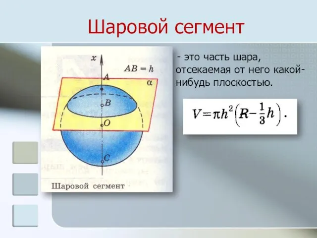 Шаровой сегмент - это часть шара, отсекаемая от него какой-нибудь плоскостью.