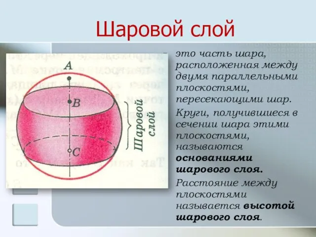 Шаровой слой это часть шара, расположенная между двумя параллельными плоскостями, пересекающими