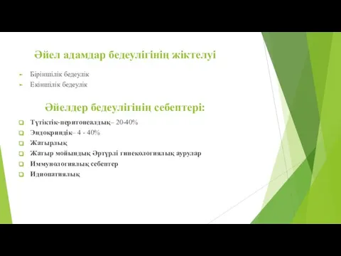 Әйел адамдар бедеулігінің жіктелуі Біріншілік бедеулік Екіншілік бедеулік Әйелдер бедеулігінің себептері: