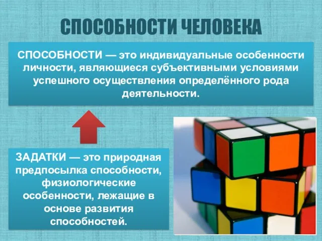 СПОСОБНОСТИ ЧЕЛОВЕКА СПОСОБНОСТИ — это индивидуальные особенности личности, являющиеся субъективными условиями