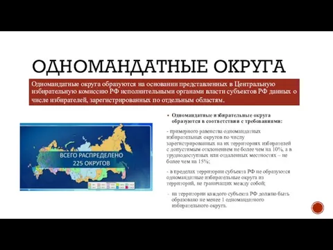 ОДНОМАНДАТНЫЕ ОКРУГА Одномандатные округа образуются на основании представленных в Центральную избирательную