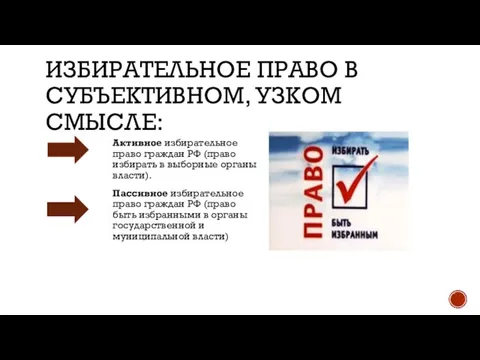 ИЗБИРАТЕЛЬНОЕ ПРАВО В СУБЪЕКТИВНОМ, УЗКОМ СМЫСЛЕ: Пассивное избирательное право граждан РФ