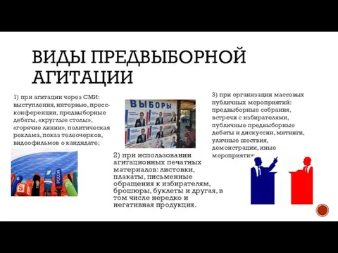 ВИДЫ ПРЕДВЫБОРНОЙ АГИТАЦИИ 2) при использовании агитационных печатных материалов: листовки, плакаты,