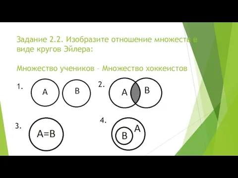 Задание 2.2. Изобразите отношение множеств в виде кругов Эйлера: Множество учеников