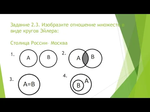 Задание 2.3. Изобразите отношение множеств в виде кругов Эйлера: Столица России– Москва 1. 2. 3. 4.