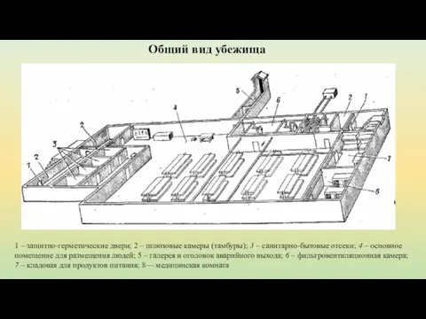 1 – защитно-герметические двери; 2 – шлюзовые камеры (тамбуры); 3 –