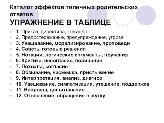 Каталог эффектов типичных родительских ответов УПРАЖНЕНИЕ В ТАБЛИЦЕ 1. Приказ, директива,