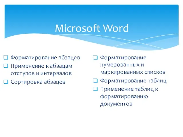 Microsoft Word Форматирование абзацев Применение к абзацам отступов и интервалов Сортировка