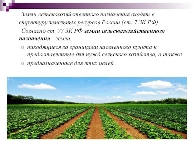 Земли сельскохозяйственного назначения входят в структуру земельных ресурсов России (ст. 7