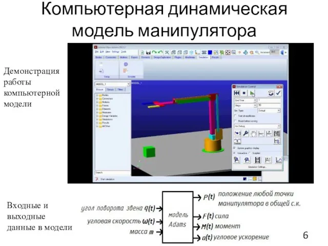 Компьютерная динамическая модель манипулятора Входные и выходные данные в модели Демонстрация работы компьютерной модели