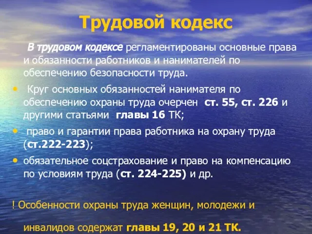 Трудовой кодекс В трудовом кодексе регламентированы основные права и обязанности работников