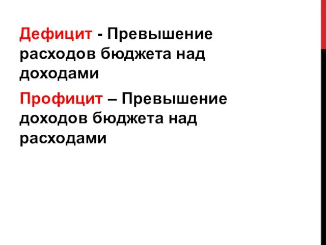 Дефицит - Превышение расходов бюджета над доходами Профицит – Превышение доходов бюджета над расходами