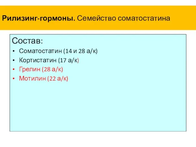 Состав: Соматостатин (14 и 28 а/к) Кортистатин (17 а/к) Грелин (28