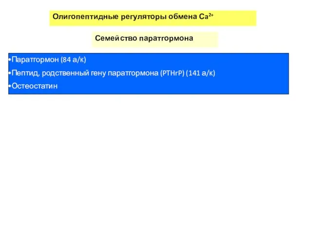 Олигопептидные регуляторы обмена Сa2+ Семейство паратгормона Паратгормон (84 а/к) Пептид, родственный