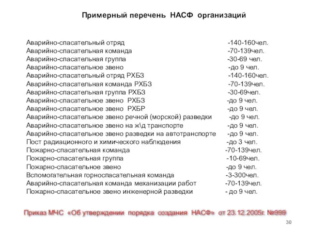 Примерный перечень НАСФ организаций Аварийно-спасательный отряд -140-160чел. Аварийно-спасательная команда -70-139чел. Аварийно-спасательная