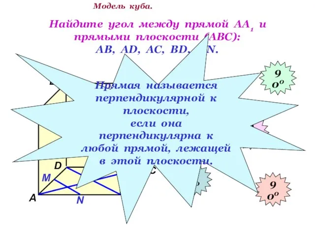 Найдите угол между прямой АА1 и прямыми плоскости (АВС): АВ, АD,