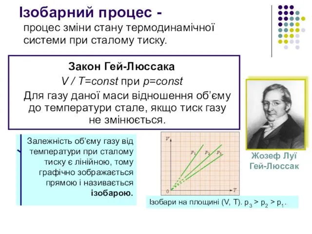 Ізобарний процес - процес зміни стану термодинамічної системи при сталому тиску.