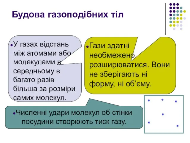 Численні удари молекул об стінки посудини створюють тиск газу. Будова газоподібних