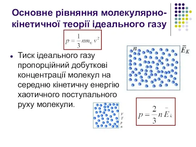 Основне рівняння молекулярно-кінетичної теорії ідеального газу Тиск ідеального газу пропорційний добуткові