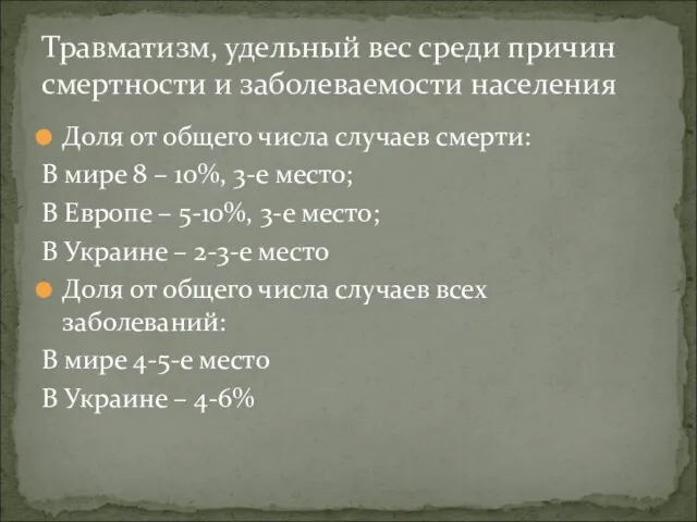 Доля от общего числа случаев смерти: В мире 8 – 10%,