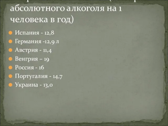 Испания - 12,8 Германия -12,9 л Австрия - 11,4 Венгрия –