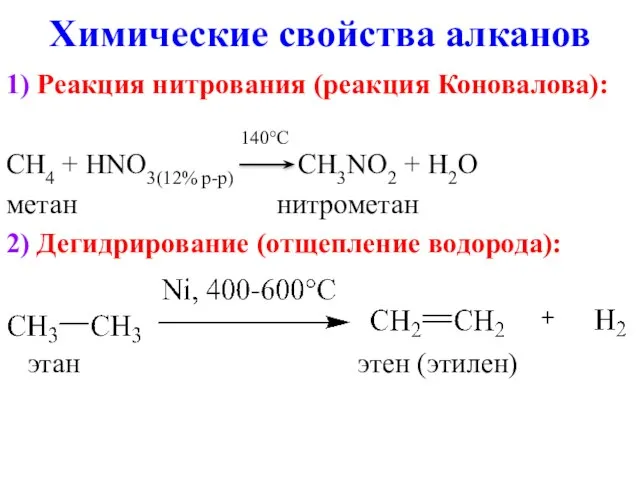 Химические свойства алканов 1) Реакция нитрования (реакция Коновалова): 140°C CH4 +