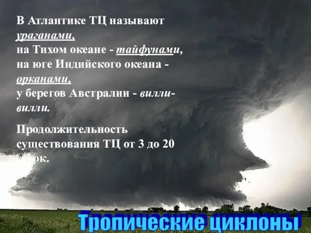 В Атлантике ТЦ называют ураганами, на Тихом океане - тайфунами, на