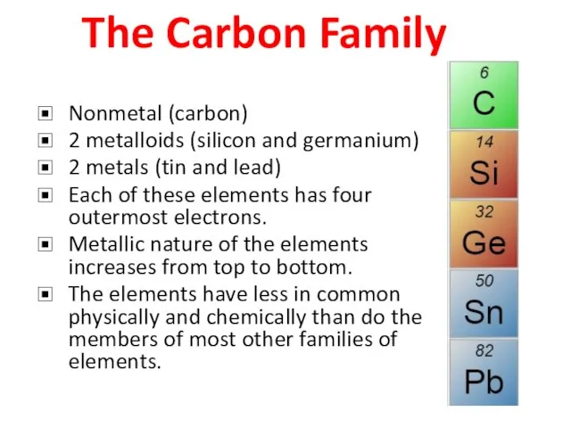 The Carbon Family Nonmetal (carbon) 2 metalloids (silicon and germanium) 2