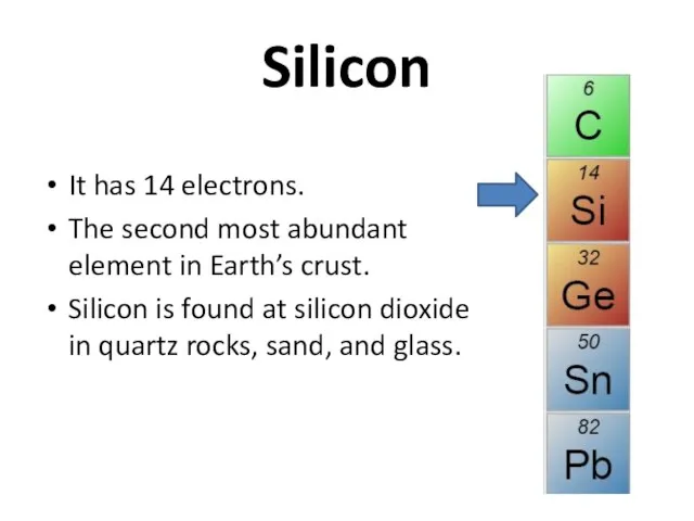 Silicon It has 14 electrons. The second most abundant element in