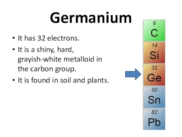 Germanium It has 32 electrons. It is a shiny, hard, grayish-white