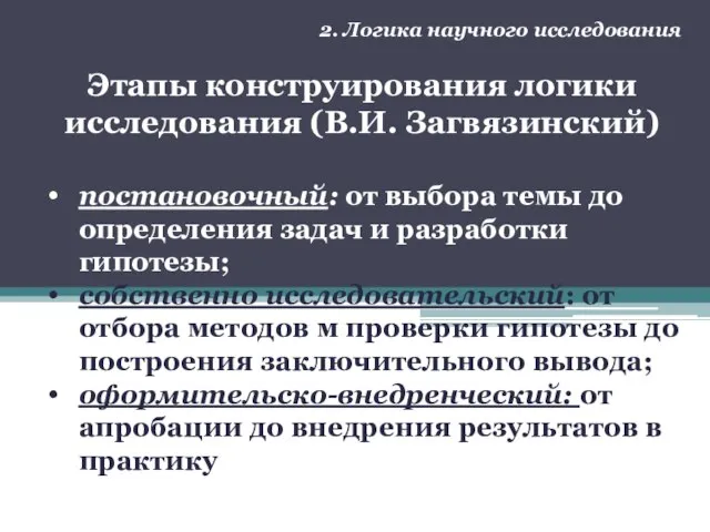 2. Логика научного исследования Этапы конструирования логики исследования (В.И. Загвязинский) постановочный: