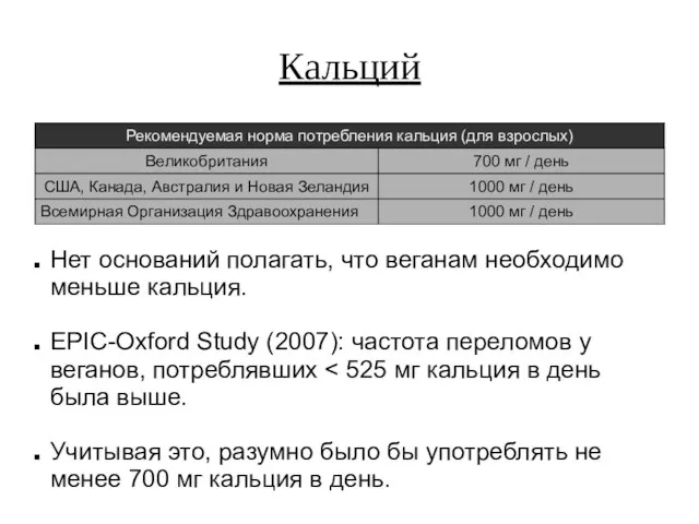 Кальций Нет оснований полагать, что веганам необходимо меньше кальция. EPIC-Oxford Study