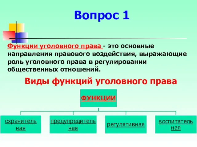 Вопрос 1 Виды функций уголовного права Функции уголовного права - это