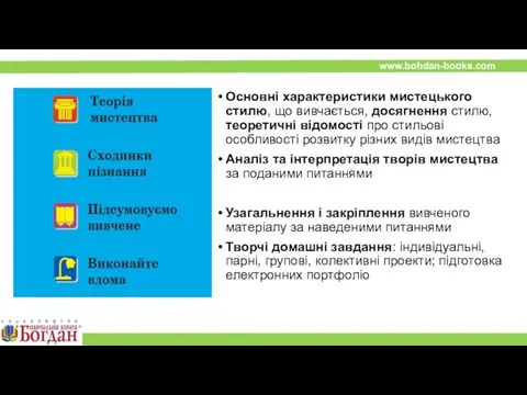 Основні характеристики мистецького стилю, що вивчається, досягнення стилю, теоретичні відомості про