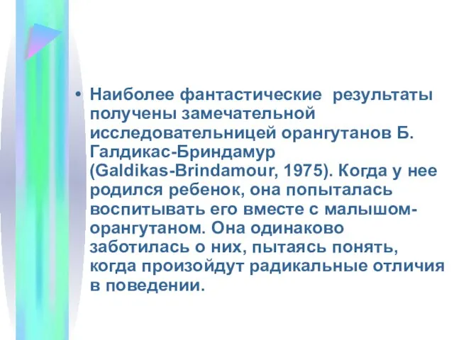 Наиболее фантастические результаты получены замечательной исследовательницей орангутанов Б. Галдикас-Бриндамур (Galdikas-Brindamour, 1975).