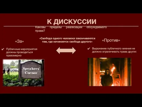 К ДИСКУССИИ Каковы пределы реализации обсуждаемого права? «За» «Против» «Свобода одного