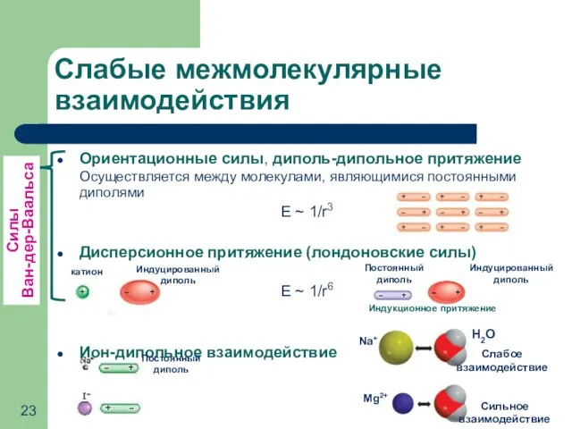 Ориентационные силы, диполь-дипольное притяжение Осуществляется между молекулами, являющимися постоянными диполями E